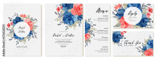 Wedding invitation with watercolor flowers, blue roses, leaves. Vector rsvp template and menu