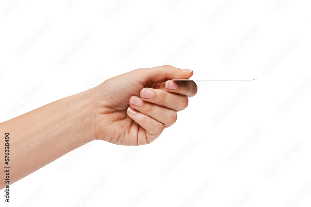 Woman's hand handing over card or paying with card or giving card, isolated on white background Woman's hand handing over card or paying with card or giving card, isolated on white background