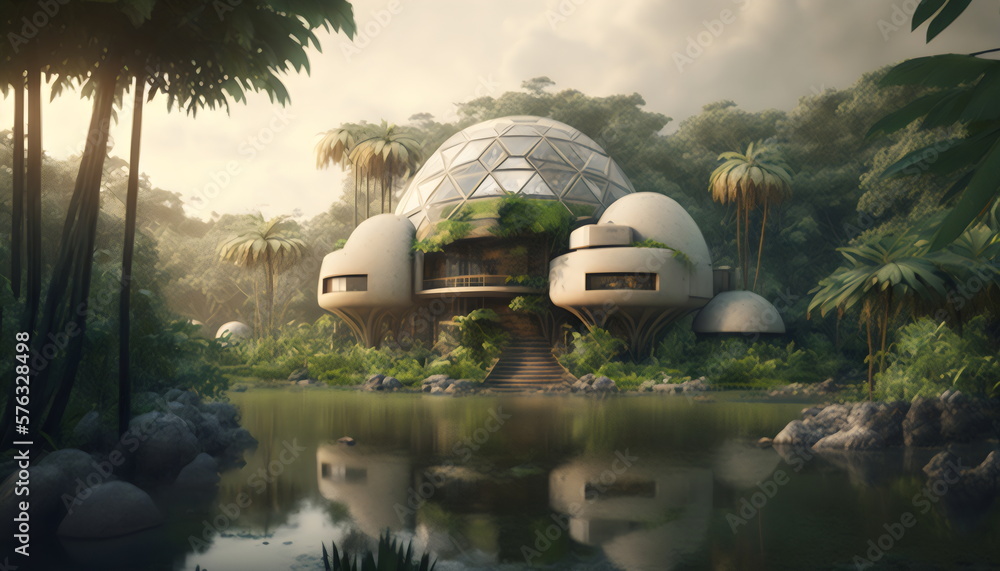 geodesic dome resort in remote jungle on river, made with generative ai - obrazy, fototapety, plakaty 