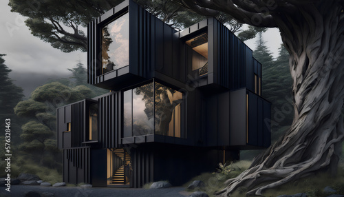 contemporary black home with modern geometric architecture amongst trees, made with generative ai