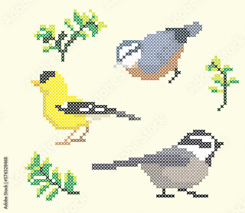 Cross Stitch Vector Element Bird Goldfinch Nuthatch Chickadee Embroidery