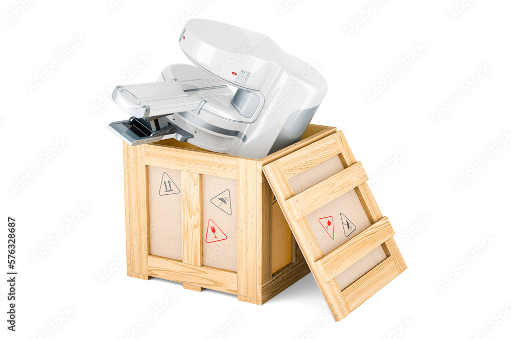 Open MRI Machine inside wooden box, delivery concept. 3D rendering Open MRI Machine inside wooden box, delivery concept. 3D rendering
