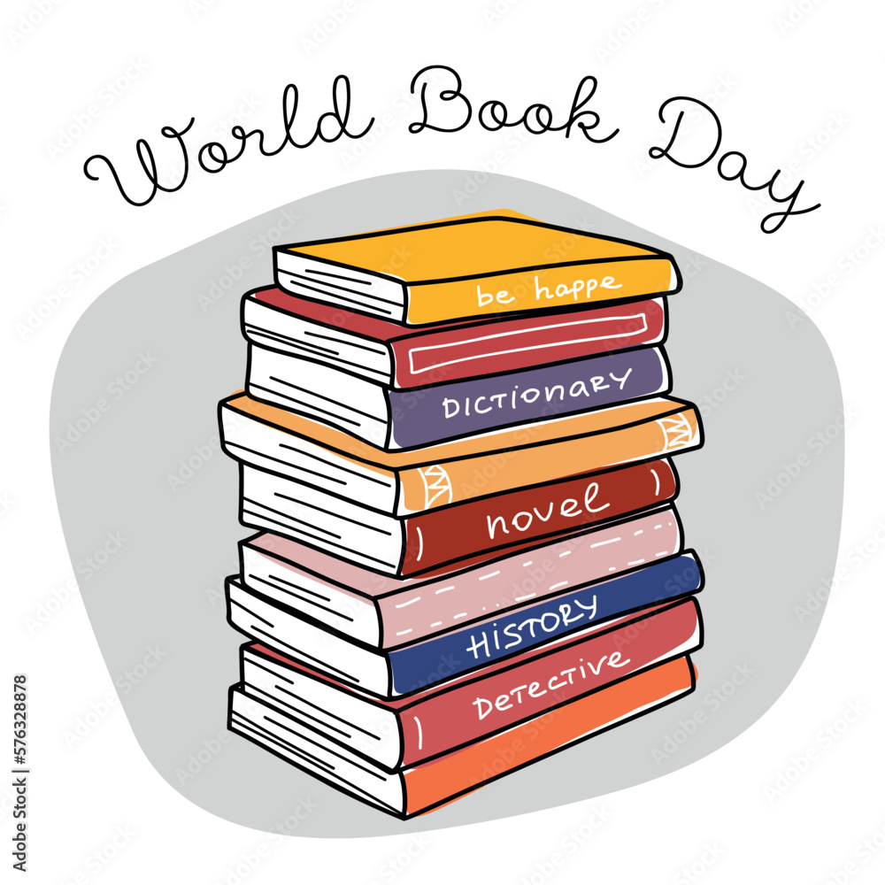 World book day. Big stack of various books isolated on a white background. Pile of colorful books. Hand drawn educational vector illustration