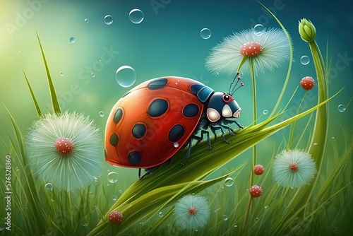 The lovely ladybug rests on a blurred field of dandelions. Generative AI