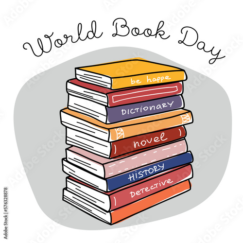 World book day. Big stack of various books isolated on a white background. Pile of colorful books. Hand drawn educational vector illustration