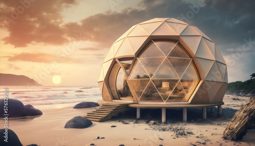 Fényképezés geodesic dome resort in on remote beach, made with generative ai
