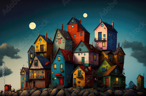 Colorfully painted shanty town shacks and haphazardly built settlement homes, improvised village on a hill, midnight moon sky, densely populated favela - generative AI.