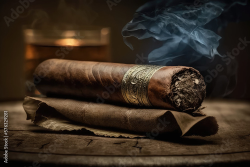 Cuban cigar with smoke, close up view with details, atmospheric light and background © Digital Xpress