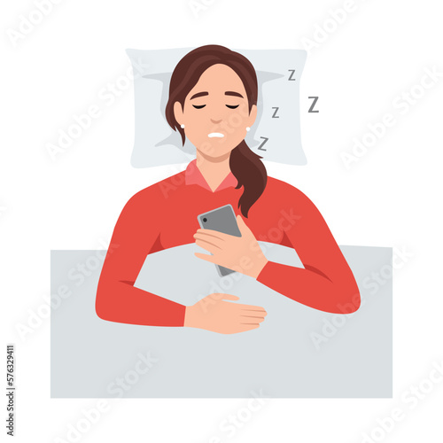 Young woman Snoring lying in the bed, snores loudly with open mouth while deep sleep holding phone. Catching some zzz. Sleep apnea, snoring. Flat vector illustration isolated on white background