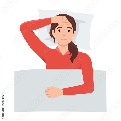 Young woman suffers from insomnia cause of mental problems, insomniac ideas. Girl lying in bed, thinking about deadline, upset event, can not relax. Flat vector illustration isolated on white 
