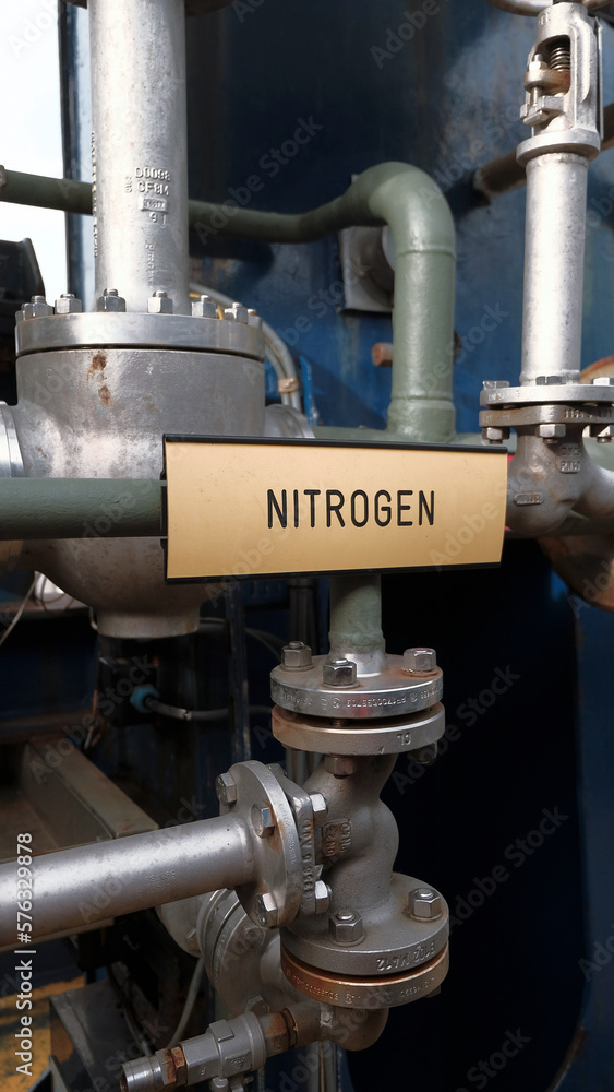 Nitrogen sign located on the LNG bunkering station on the LNG powered container vessel. Dua fuel engine on the ship. Nitrogen sign located on the LNG bunkering station on the LNG powered container vessel. Dua fuel engine on the ship.