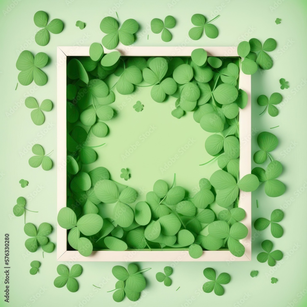 Happy St Patricks Day or spring holiday banner. White frame with variety of shamrock, clover leaves flying around. Top view, light green background, space for text. AI generative picture Happy St Patricks Day or spring holiday banner. White frame with variety of shamrock, clover leaves flying around. Top view, light green background, space for text. AI generative picture