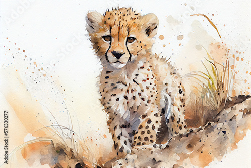 Cute cheetah cub in natural habitat, watercolor illustration on a white background. Generative AI. photo