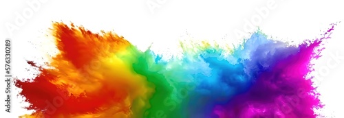 Color explosion. Colorful rainbow paint color explosion, copy space, isolated white wide panorama background. Ai generative
