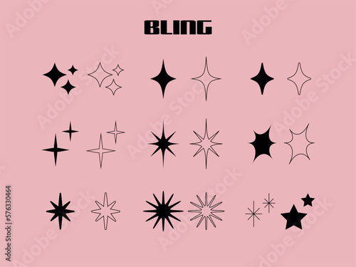 Set of vintage Y2K stars, bling, sparkle icons