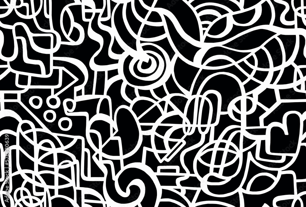  Abstract black and white hand-drawn doodles, seamless drawing.