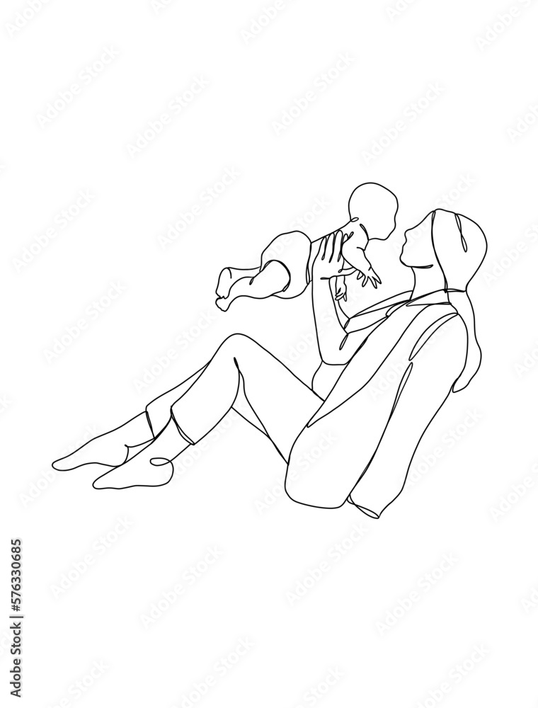 Continuous one line drawing of mom holding baby. Vector illustration. Continuous one line drawing of mom holding baby. Vector illustration.