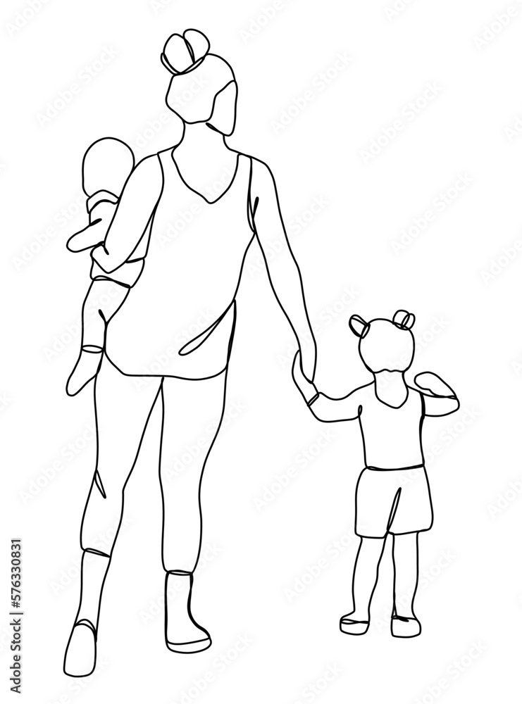 Continuous one line drawing of mom holding baby. Vector illustration. Continuous one line drawing of mom holding baby. Vector illustration.
