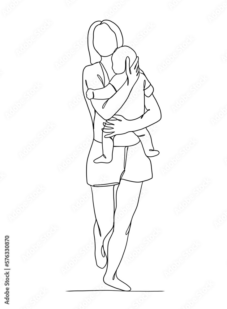 Continuous one line drawing of mom holding baby. Vector illustration. Continuous one line drawing of mom holding baby. Vector illustration.