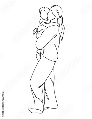Continuous one line drawing of mom holding baby. Vector illustration.