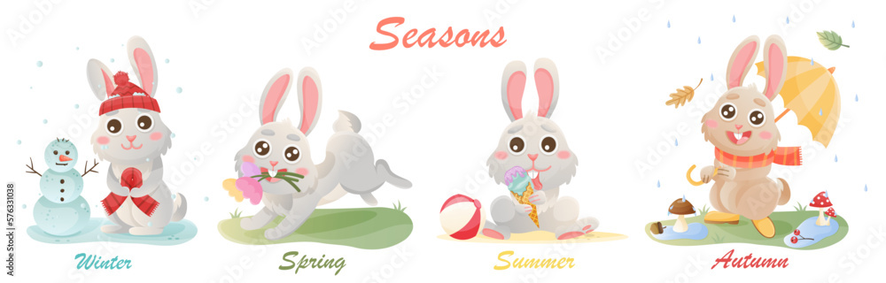 seasons weather set. Cartoon illustrations of winter, spring, summer, autumn. Cute rabbits in season scenes. seasons weather set. Cartoon illustrations of winter, spring, summer, autumn. Cute rabbits in season scenes.