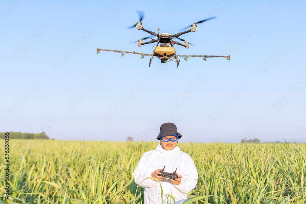 Farmer fly drone spray insecticide using high technology increasing productivity agriculture Farmer fly drone spray insecticide using high technology increasing productivity agriculture