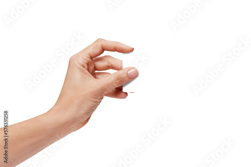 Woman's  hand showing credit card, or card, or business card or voucher, isolated on white background, template, mock-up