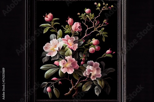 A Bunch Of Pink Flowers On A Branch With A Dark Background In The Middle Of The Picture Is A Black Frame With A White Border. Generative AI