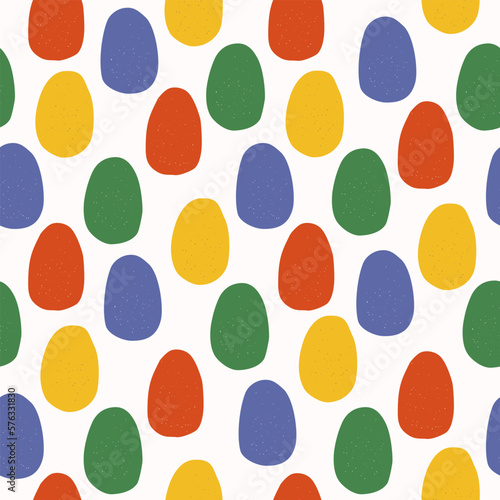 Hand drawn cute naive seamless pattern of colorful eggs with texture. Flat vector Easter abstract design print design in quirky doodle style. Repeated background, wrapping or wallpaper.