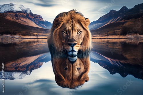A Lion Is Reflected In The Water Of A Lake With A Mountain In The Background And A Reflection Of Its Face In The Water. Generative AI