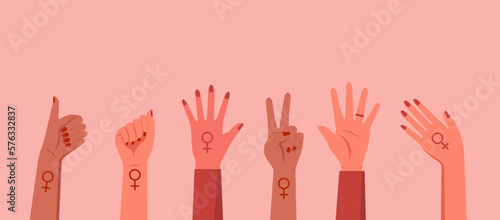 raised diverse hand of female for international women's day and the feminist movement. March 8 for feminism, independence, freedom, empowerment, and activism for woman rights, vector flat illustration