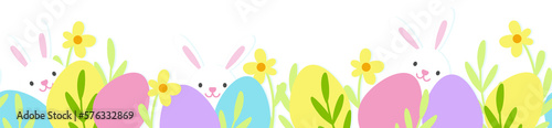 Cute Easter border. Horizontal seamless pattern with Easter bunny, eggs and flowers. Beautiful background great for Easter card, packaging, textiles, wallpaper