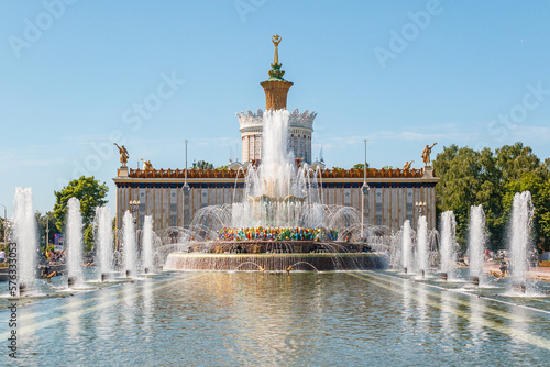 Fountain VDNKh park. Sunny day in Moscow