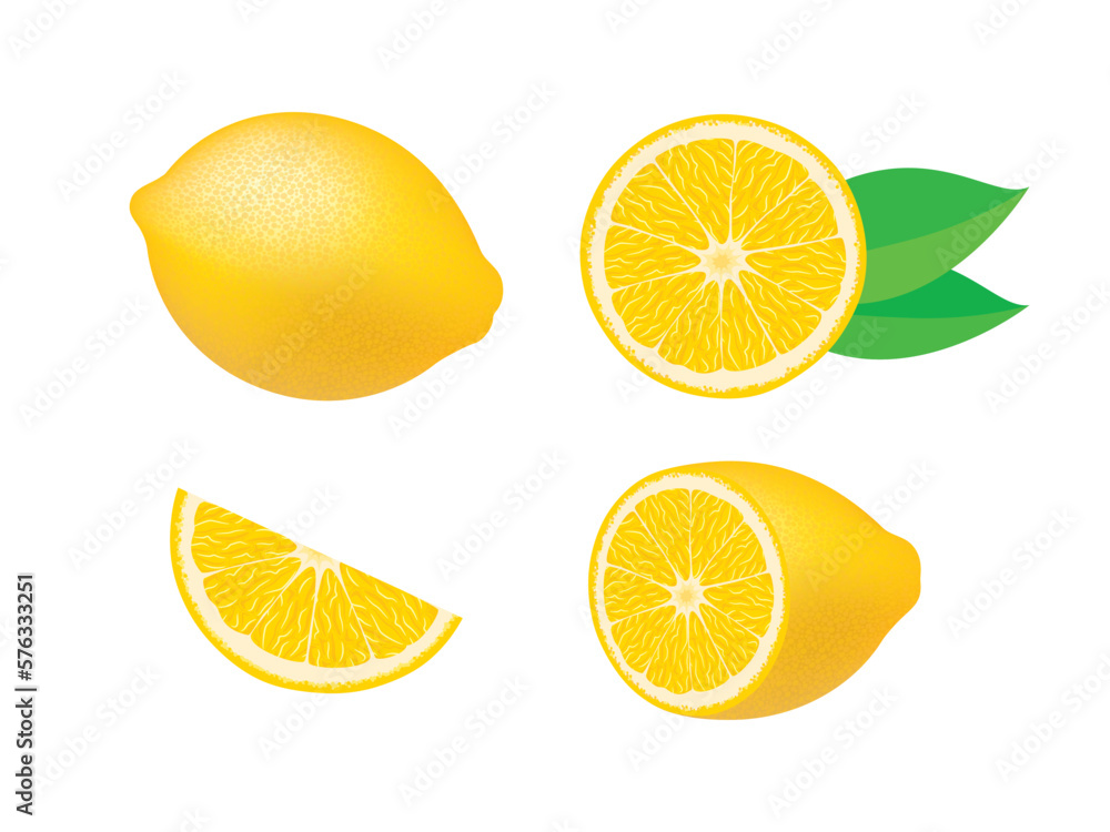 Fresh juicy lemon citrus fruit icon set vector isolated on a white background. Whole, half, slice lemon fruit icon set vector. Vitamin C food sources design element Fresh juicy lemon citrus fruit icon set vector isolated on a white background. Whole, half, slice lemon fruit icon set vector. Vitamin C food sources design element