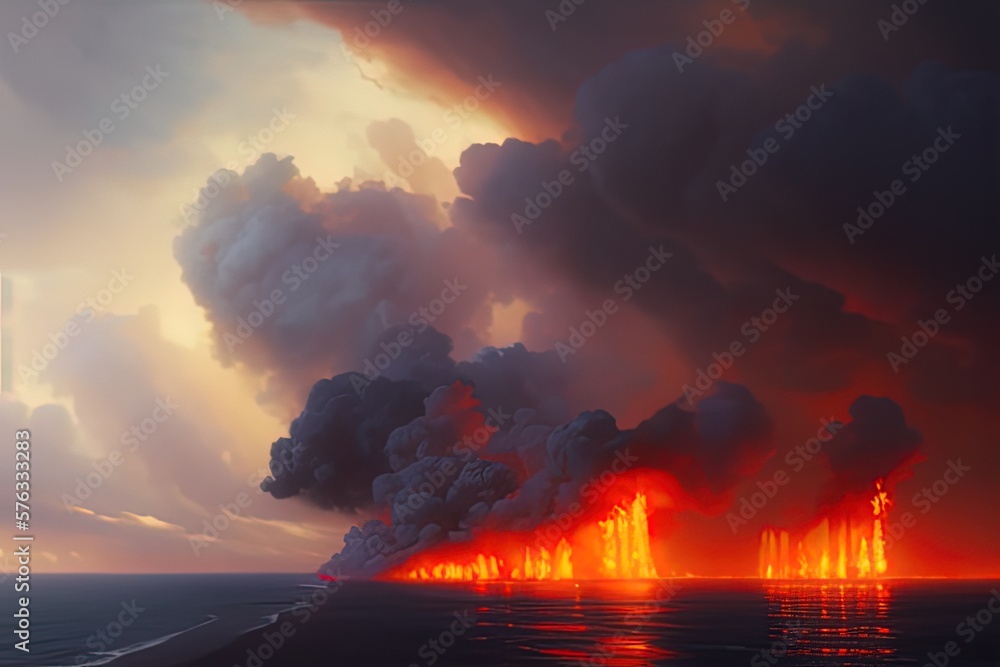  oil painting of several ships burning brightly in the sea, pillars of dark smoke rising from the galleons. Ai generated