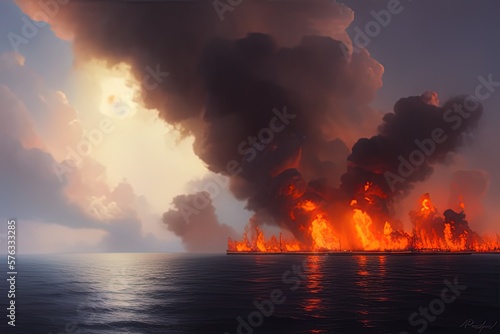  oil painting of several ships burning brightly in the sea, pillars of dark smoke rising from the galleons. Ai generated