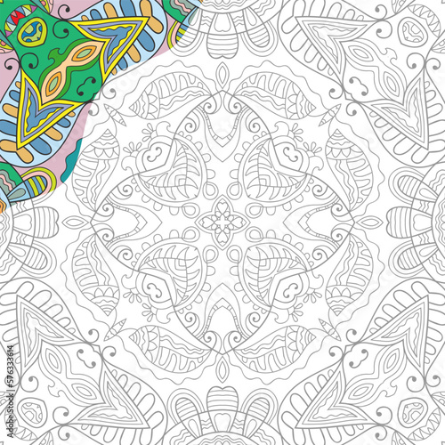 Decorative doodle pattern for coloring book. Hand drawn fantasy line art, floral geometric ornament for painting, coloring page. Tribal ethnic decoration. Black and white with sample of colors