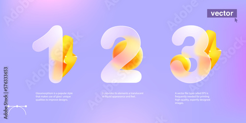 3 step numbers chart infographics in glassmorphism style with lightning. Vector 3D chat.