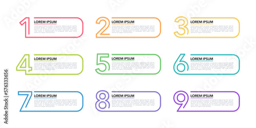 Infographic colorful 9 options or steps. Infographic rectangle frame number. Vector illustration.