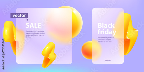 Transparent cards screens in Glassmorphism style with lightning logo. Matte glass with blur effect.
