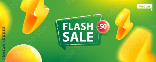 Flash sale banner with yellow lightning or thunder icons and bubble on green background. Special Offer campaign design template.