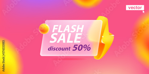 Flash sale with lightning icon in glassmorphism style on pink background banner template. Big sale, end of season special offer design.