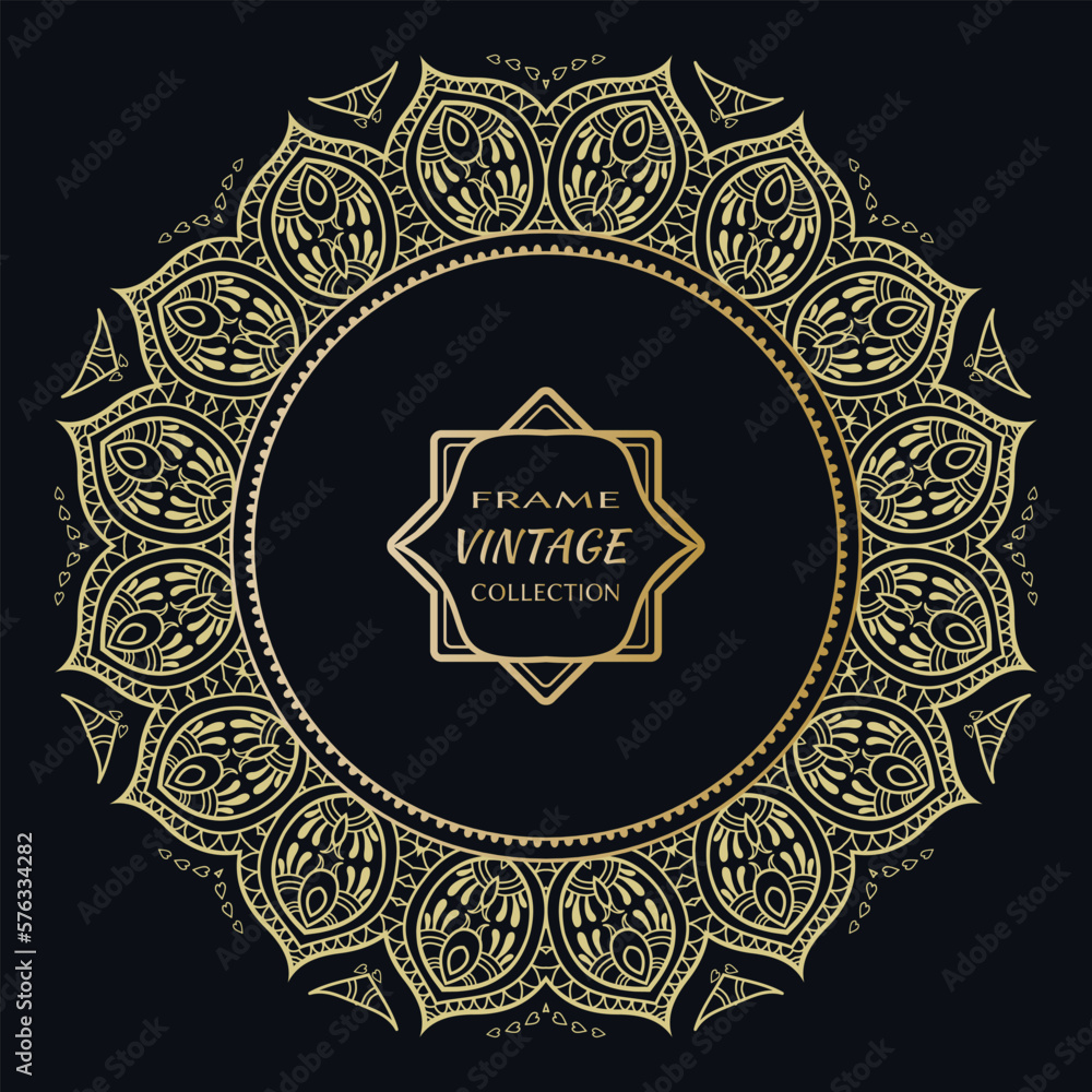 Golden frame template with label and Vintage sign. Decorative line art border, geometric round ornament, linear circular motif. Isolated design element, gold on black background. Elegant fashion lace