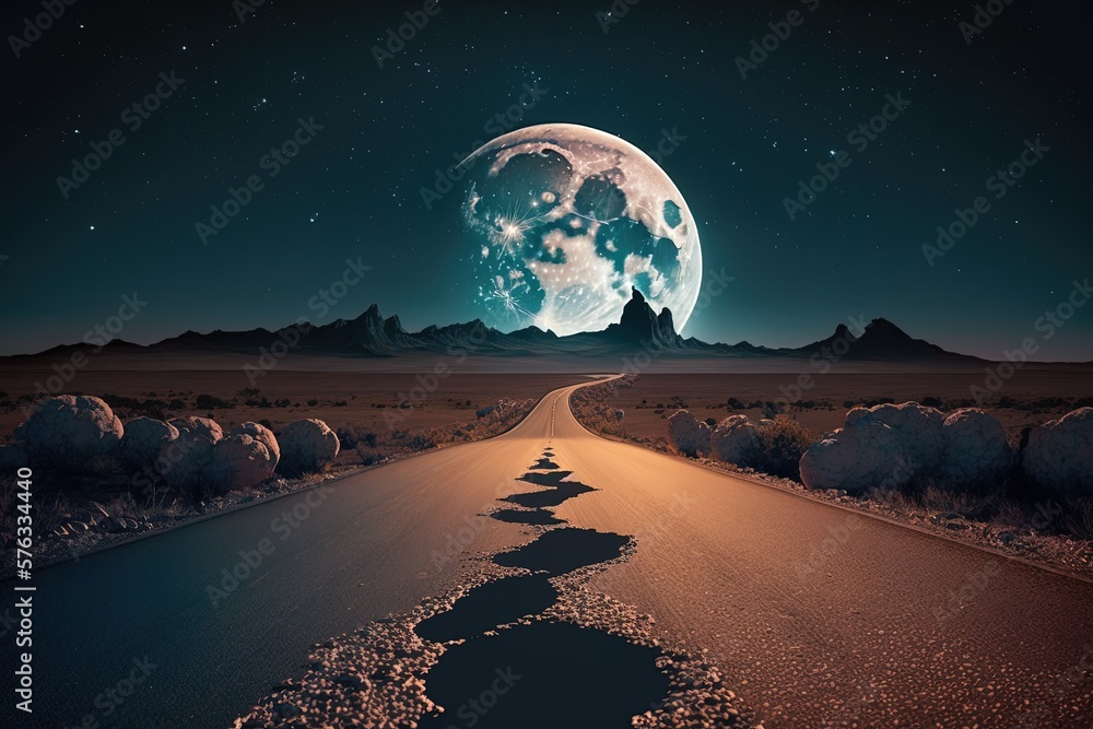 The moon shines brightly over the paved road at night. Generative AI - obrazy, fototapety, plakaty 