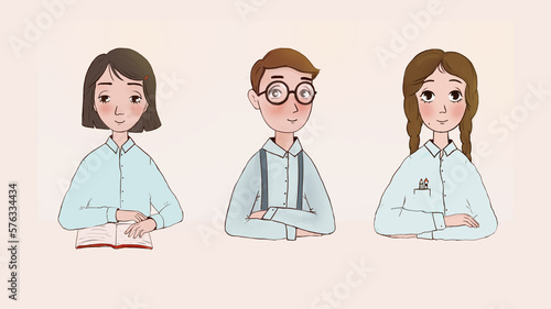school kid characters sitting at desk in uniform illustration (ID: 576334434)