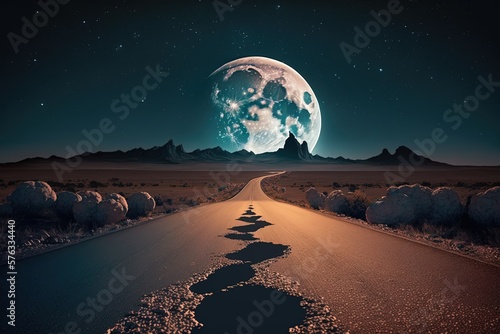 The moon shines brightly over the paved road at night Fototapet