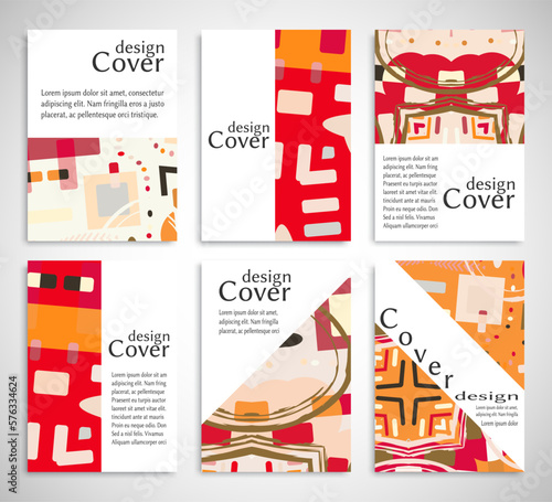 Set of A4 cover, abstract composition. Colorful header design for flyer, book, info banner frame, title sheet. Colored geometric shapes. Modern design. Brochure template layout. Vector illustration