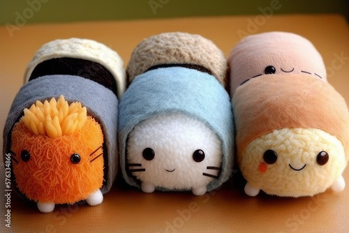 Cute adorable sushi creatures. Kawaii. Creative, funny food illustration. AI generated, postproduction.  photo