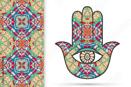 Boho hamsa hand, protection amulet, symbol of strength and happiness with seamless geometric pattern. Abstract graphic background, vertical floral doodle pattern, vector illustration