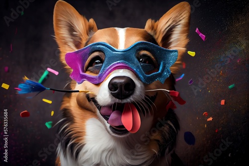 Cute Dog Celebrating Birthday And Carnival With Mask, Confetti And Streamer. Generative AI